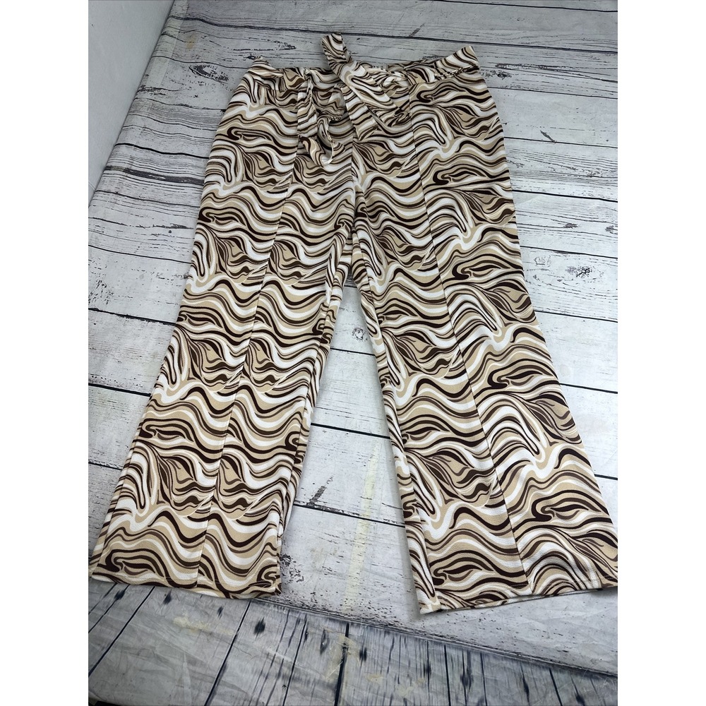 No Boundaries 70s Retro Swirl Wide Leg Pants Brown High Waisted Tie Belt XXL 19